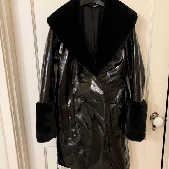H&M Shiny Black Trench Coat with Faux Fur - Picture 1 of 4